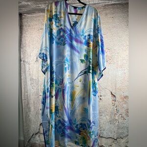 Natori medium Blue Yellow Floral Butterfly Cotton-Silk Maxi Dress. A631